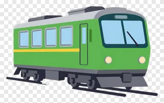 A green passenger train with a yellow stripe.