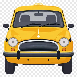 Front view of a yellow cartoon taxi.