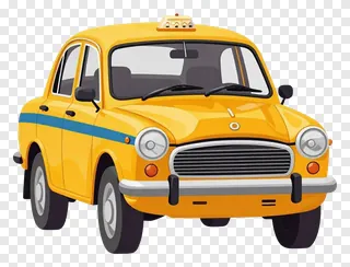 Cartoon yellow taxi with black bumper and blue stripe.