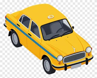 A yellow taxi with a blue stripe and roof light.