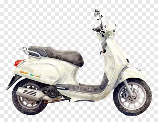 A white scooter with a worn seat and faded paint, viewed from the side.