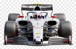 Front view of a futuristic race car on white background.