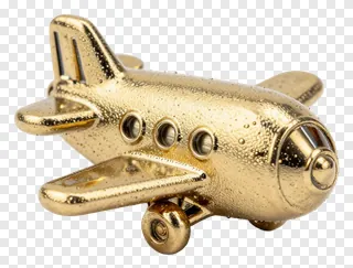 A golden metallic airplane charm with visible windows and landing gear.