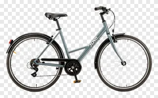 Gray bicycle with spoked wheels.