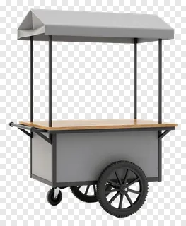 Gray market goods cart with canopy and wheels.