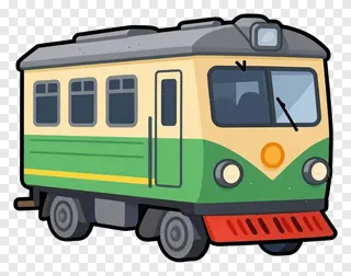 A cartoon train with green and cream colors and a red front.
