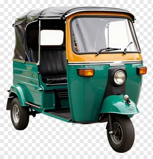 Vintage green and orange three-wheeled auto rickshaw.