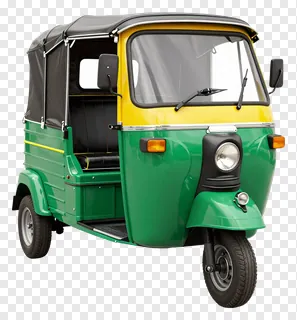 An auto rickshaw painted in green and yellow colors.