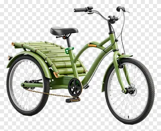 Green bike with bamboo backrest for carrying items.