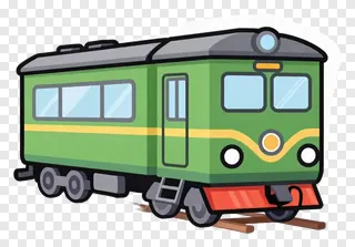 A green cartoon train with yellow stripe and red front.