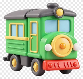 A green toy train with yellow accents and a red bumper.