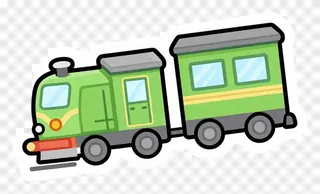 A green toy train with a yellow stripe and a passenger car.