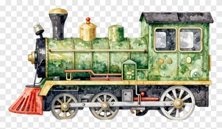 Watercolor illustration of a green train engine.