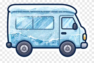 Cartoon van covered in ice and snow.