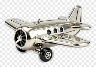 Shiny metallic tin airplane toy with black wheels.