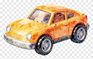 An orange watercolor-painted plastic toy car.