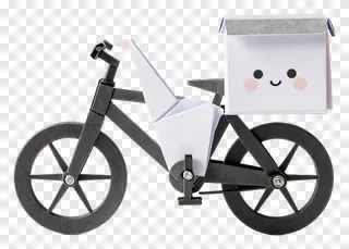 Origami crane riding a delivery bike with a smiling box.