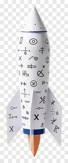 A paper rocket covered in math symbols.