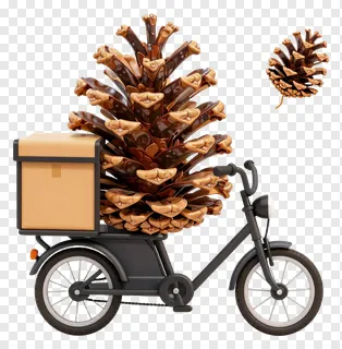 Tricycle delivering a giant pinecone package.