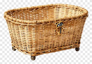 Woven rattan basket with wheels for cargo.