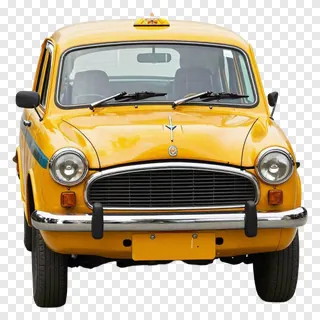 Front view of a yellow taxi with blue stripe on side.