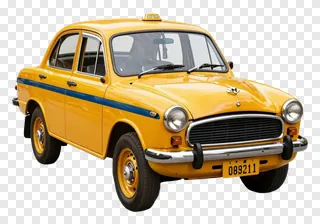 Classic yellow Kolkata taxi viewed from the front-left side.
