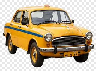 Classic yellow taxi with blue stripe on the side.