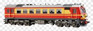 A red and yellow passenger train shown in side profile.