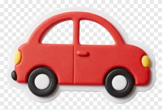 Red toy car with yellow lights and black wheels.