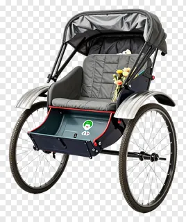 Gray-covered rickshaw holding a flower arrangement.