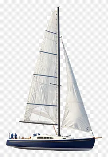 Profile view of a blue and white sailboat sailing with full sails.