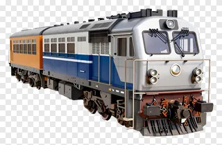 A silver and blue diesel train engine with an orange car attached.