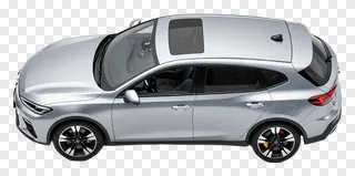 Top-down view of a silver vehicle with black trim and alloy wheels.