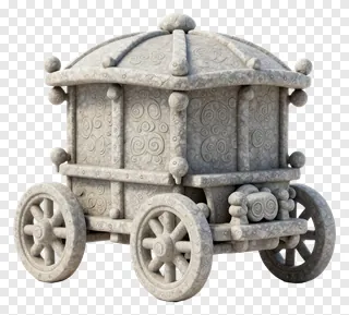 A stone chariot with intricate carvings and wheels.