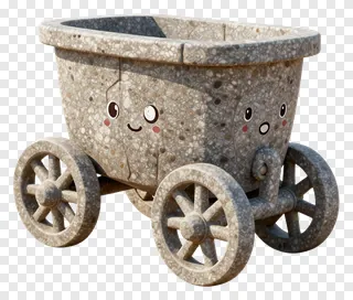 A stone chariot with a cartoon face and wheels.
