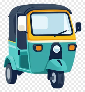 Teal three-wheeled auto rickshaw with canopy roof.