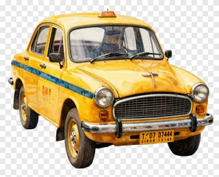 Yellow Kolkata taxi painted in watercolor art style.