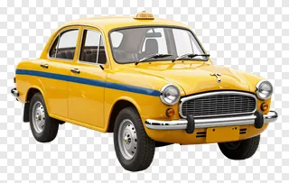 Classic yellow taxi with blue stripe and roof light.