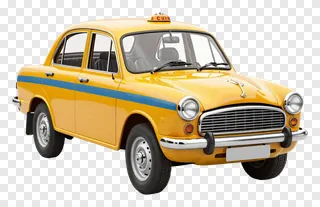 Classic yellow taxi with blue stripe on white background.