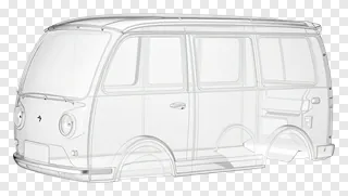 Transparent line drawing of a vintage-style van.