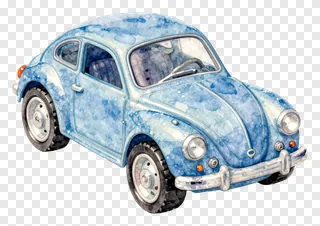 Blue vintage toy car painted in watercolor style.