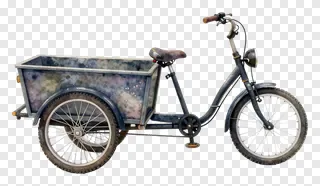 Vintage-style three-wheeled bicycle with attached cargo box.
