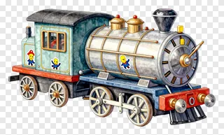 A vintage-style toy train with cartoon stickers.