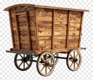 Rustic vintage wooden delivery wagon on white background.