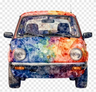 Front view of a colorful watercolor-style car.