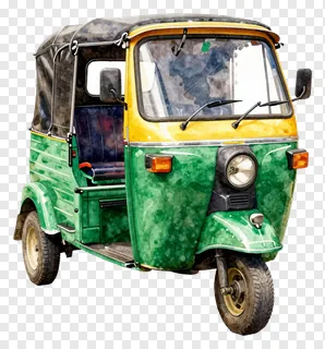 Green and yellow auto rickshaw illustrated in watercolor style.