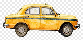 Side view of a yellow watercolor-style Kolkata taxi.