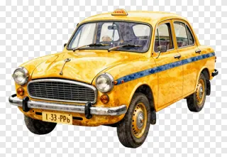 Yellow Kolkata taxi painted in watercolor with blue stripe.