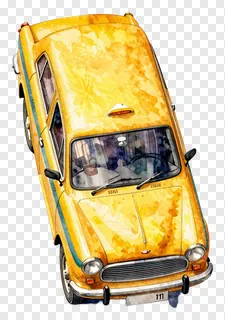Yellow taxi painted in watercolor with blue stripe.