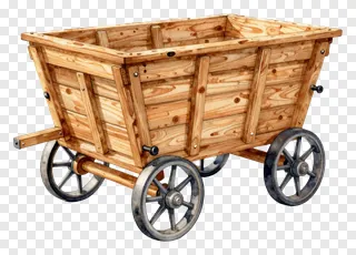 Rustic wooden cart featuring metal-rimmed wheels.